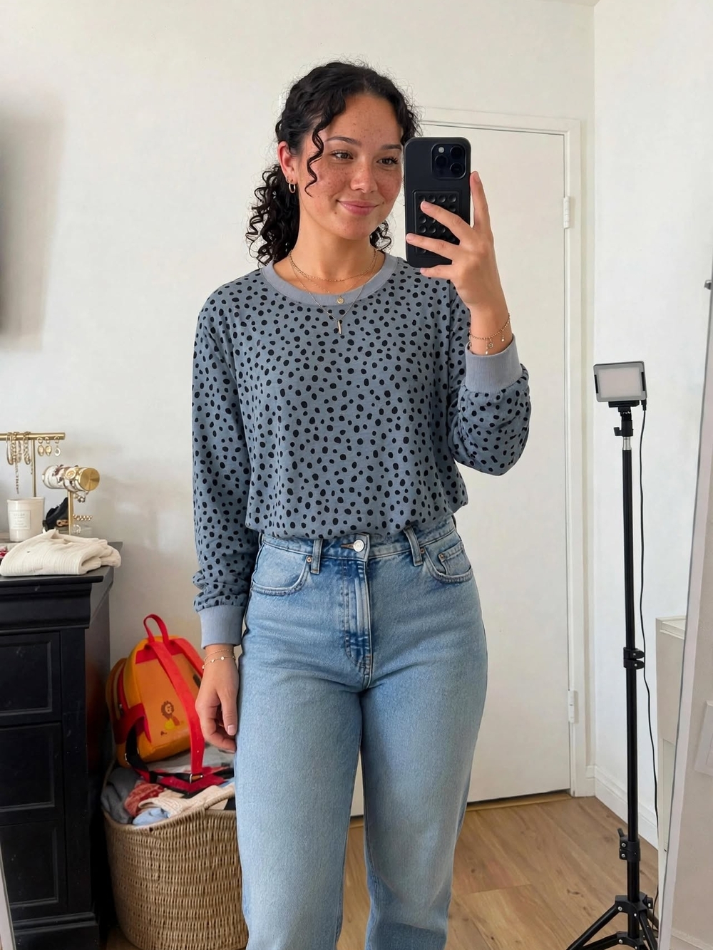 Polka Dot Crewneck Sweater in Grey